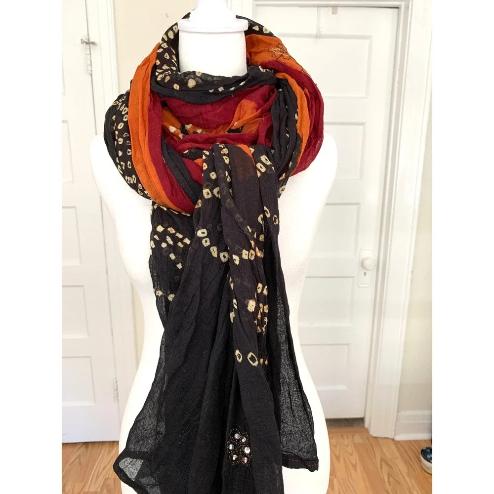 Gypsy Sheer Scarf Delicate Silver Sequins Rectangle 42 x 96 Maroon Black Orange